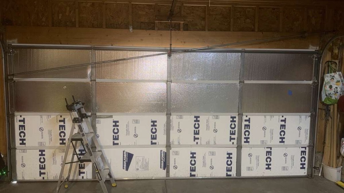 Interior view of insulation panels fitted to a sectional garage door